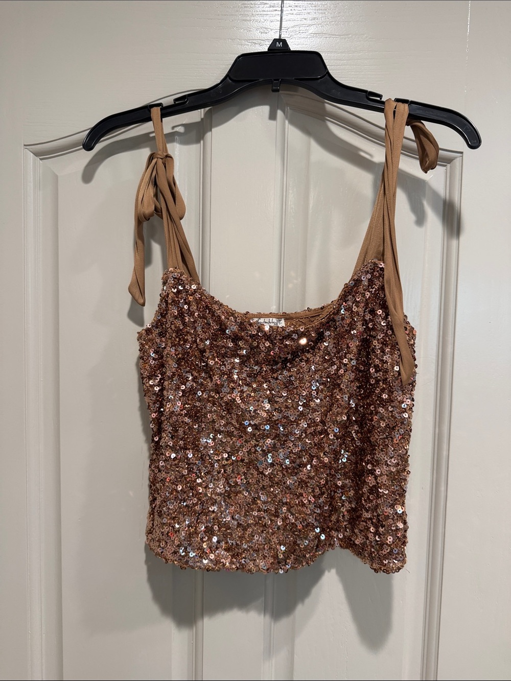 Free People Rose Gold Sequin Tie-Shoulder Crop Cami